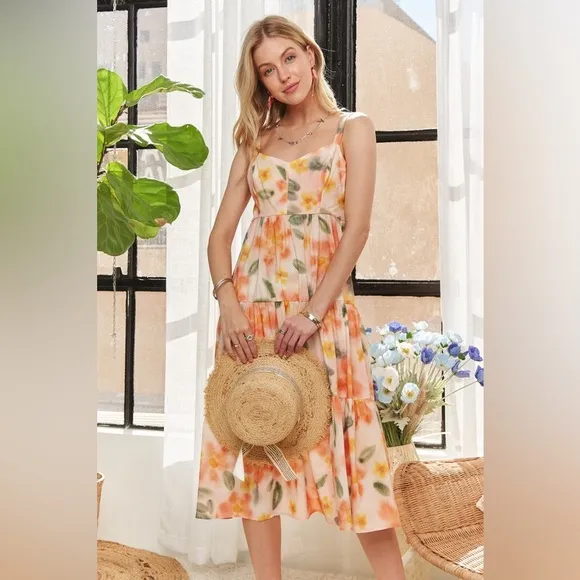 ADORA Smocked Back Floral Adjustable Strap Midi Dress