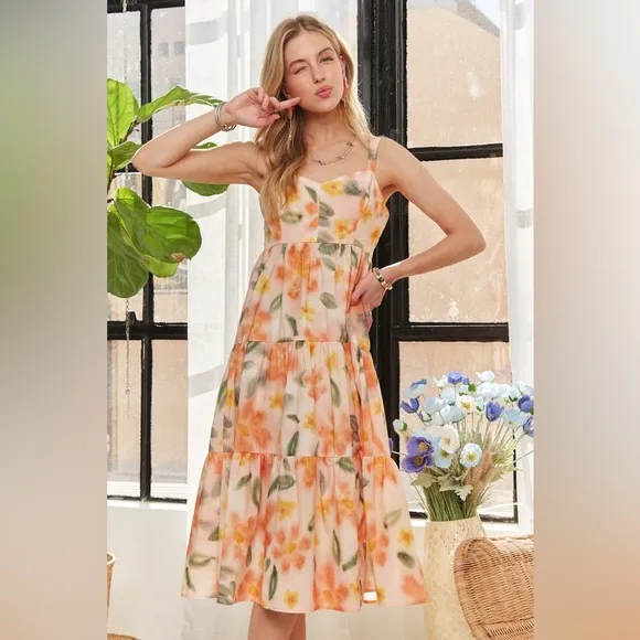 ADORA Smocked Back Floral Adjustable Strap Midi Dress