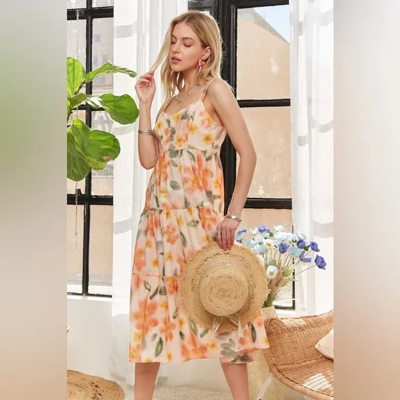 ADORA Smocked Back Floral Adjustable Strap Midi Dress