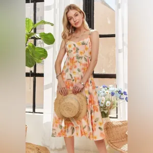 ADORA Smocked Back Floral Adjustable Strap Midi Dress