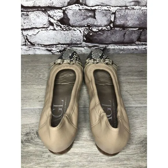 AGL Attilio Giusti Leombruni Nude Leather Snake Cap Toe Flats Women 38.5EU/8M US