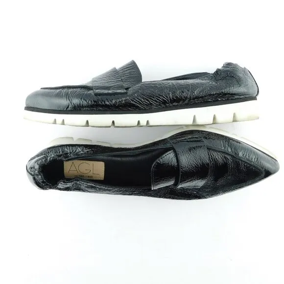 AGL Black Crushed Patent Leather Slip-on Loafer Flats 38