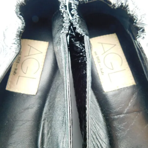 AGL Black Crushed Patent Leather Slip-on Loafer Flats 38