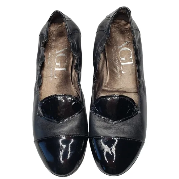 AGL | Edgy Chic Black Patent Leather Round Toe Slip On Flat Loafers Women's 7