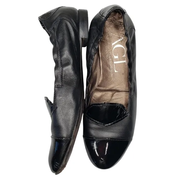 AGL | Edgy Chic Black Patent Leather Round Toe Slip On Flat Loafers Women's 7