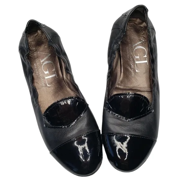 AGL | Edgy Chic Black Patent Leather Round Toe Slip On Flat Loafers Women's 7