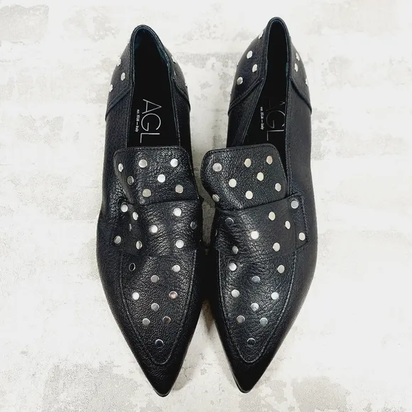 AGL Ines Studded Black Women's Leather Pointed Toe Loafers B652