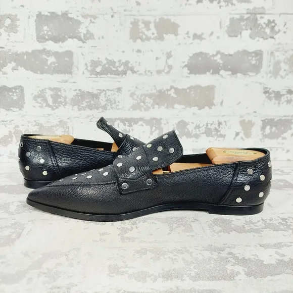 AGL Ines Studded Black Women's Leather Pointed Toe Loafers B652