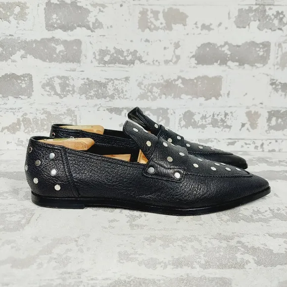 AGL Ines Studded Black Women's Leather Pointed Toe Loafers B652