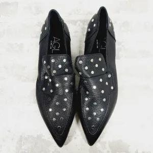 AGL Ines Studded Black Women's Leather Pointed Toe Loafers B652
