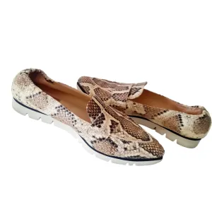 AGL Micro Pointed Toe Snake Embossed Leather Loafers Sz 37.5 Tan/Multi