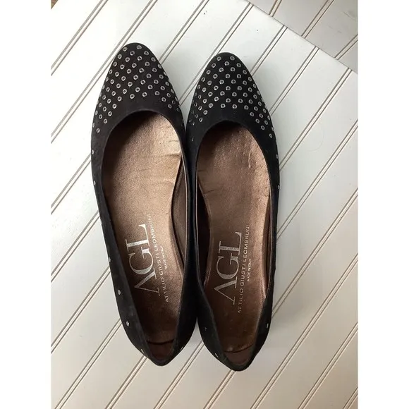 AGL Studded loafers Flat Womens 39 8.5  Black Suede Pointed Toe Slip On Grommet