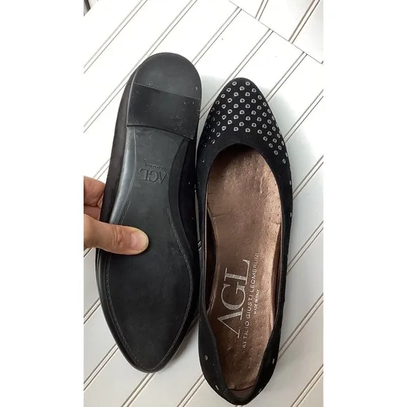 AGL Studded loafers Flat Womens 39 8.5  Black Suede Pointed Toe Slip On Grommet