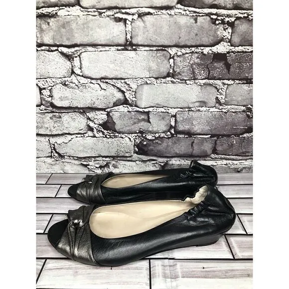 AGL Black Leather Pewter Twist Slip On Peep Toe Wedge Flats Women Sz 39EU/8.5US