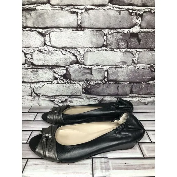 AGL Black Leather Pewter Twist Slip On Peep Toe Wedge Flats Women Sz 39EU/8.5US