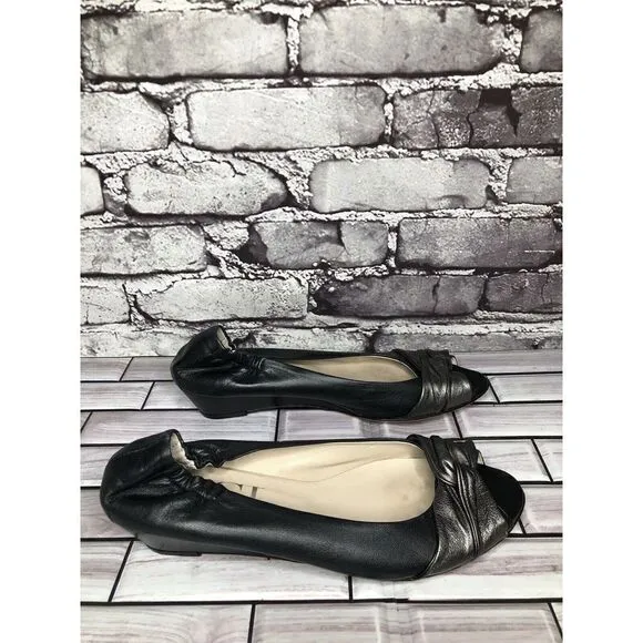 AGL Black Leather Pewter Twist Slip On Peep Toe Wedge Flats Women Sz 39EU/8.5US