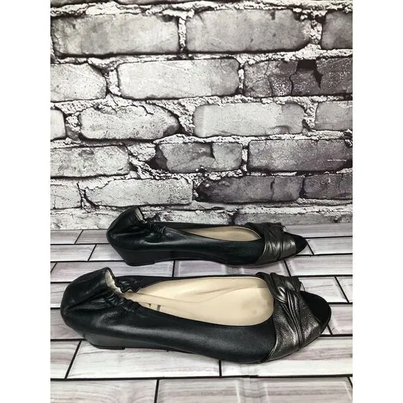 AGL Black Leather Pewter Twist Slip On Peep Toe Wedge Flats Women Sz 39EU/8.5US