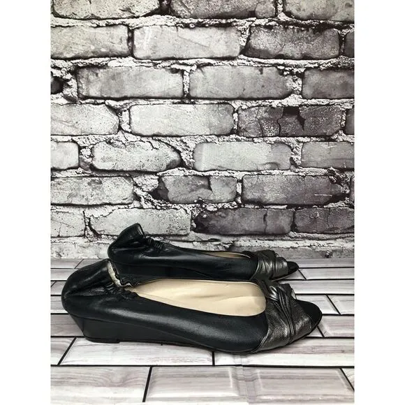 AGL Black Leather Pewter Twist Slip On Peep Toe Wedge Flats Women Sz 39EU/8.5US