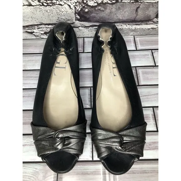 AGL Black Leather Pewter Twist Slip On Peep Toe Wedge Flats Women Sz 39EU/8.5US
