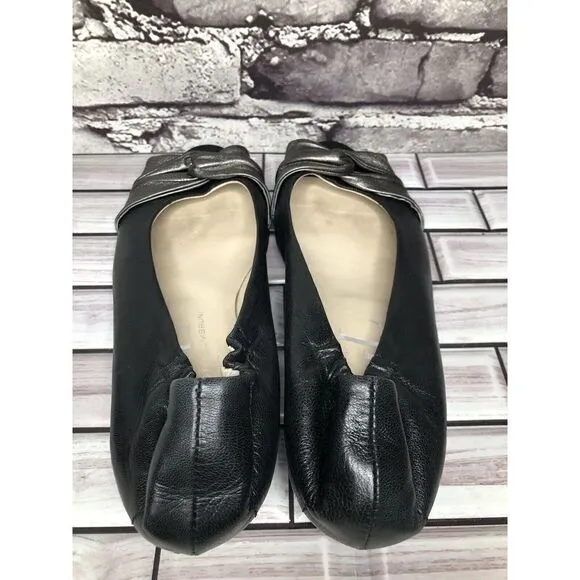 AGL Black Leather Pewter Twist Slip On Peep Toe Wedge Flats Women Sz 39EU/8.5US