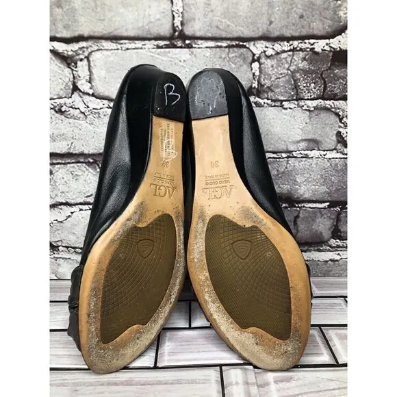 AGL Black Leather Pewter Twist Slip On Peep Toe Wedge Flats Women Sz 39EU/8.5US