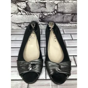 AGL Black Leather Pewter Twist Slip On Peep Toe Wedge Flats Women Sz 39EU/8.5US