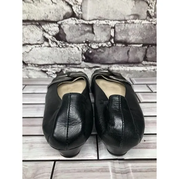 AGL Black Leather Pewter Twist Slip On Peep Toe Wedge Flats Women Sz 39EU/8.5US