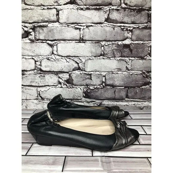 AGL Black Leather Pewter Twist Slip On Peep Toe Wedge Flats Women Sz 39EU/8.5US