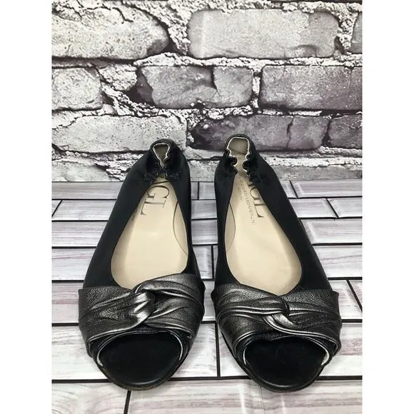 AGL Black Leather Pewter Twist Slip On Peep Toe Wedge Flats Women Sz 39EU/8.5US