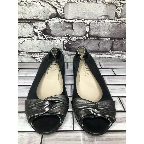 AGL Black Leather Pewter Twist Slip On Peep Toe Wedge Flats Women Sz 39EU/8.5US