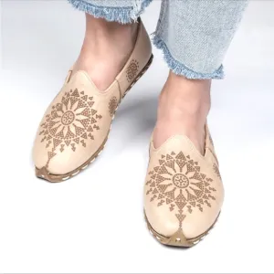 Aintap handmade Turkish flats - cream/brown laser printed leather