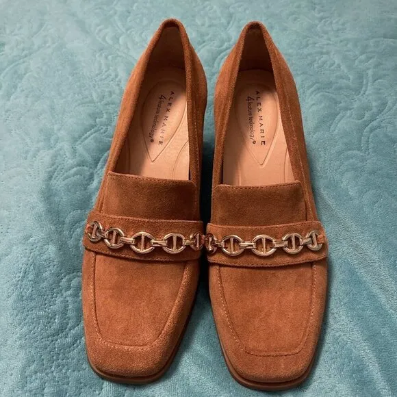 Alex Marie Women's Farin Loafer Pilgrim Heels , Shoes Brown Leather Suede Sz 8.5
