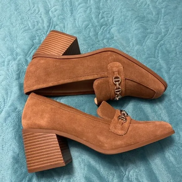 Alex Marie Women's Farin Loafer Pilgrim Heels , Shoes Brown Leather Suede Sz 8.5