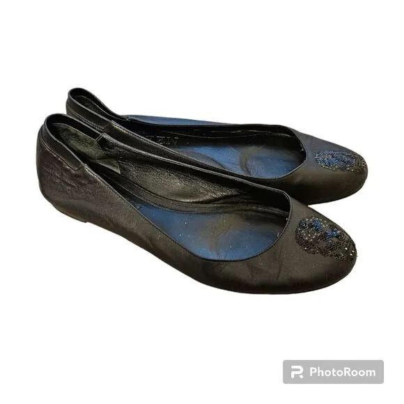 Alexander Mcqueen Black Leather Skull Flats Women's Size 38 Sequins Slip on Shoe