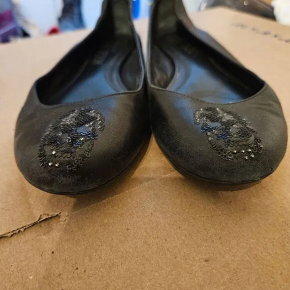 Alexander Mcqueen Black Leather Skull Flats Women's Size 38 Sequins Slip on Shoe