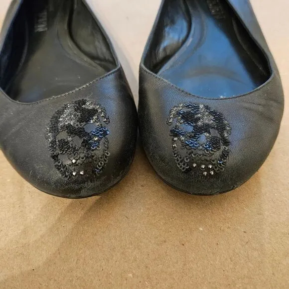 Alexander Mcqueen Black Leather Skull Flats Women's Size 38 Sequins Slip on Shoe