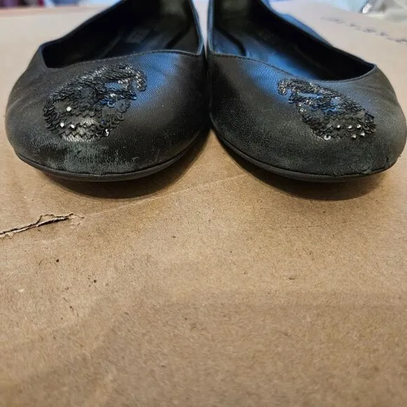 Alexander Mcqueen Black Leather Skull Flats Women's Size 38 Sequins Slip on Shoe