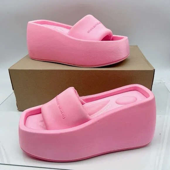 Alexander Wang Taji Platform Slides Neon Bubblegum Pink Heeled Sandals EU 37 US7