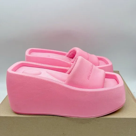 Alexander Wang Taji Platform Slides Neon Bubblegum Pink Heeled Sandals EU 37 US7
