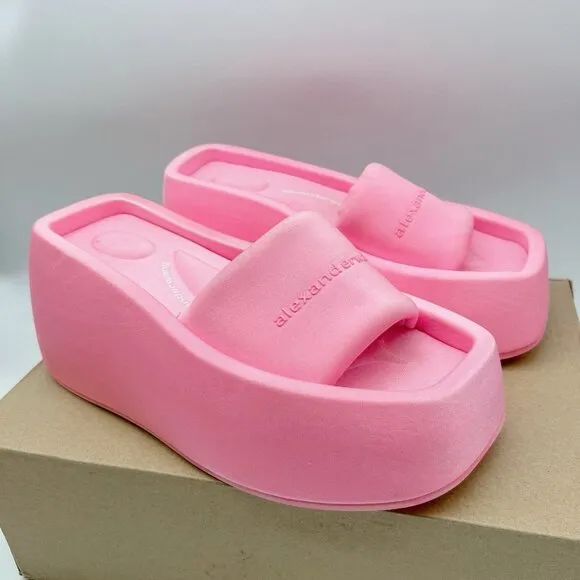 Alexander Wang Taji Platform Slides Neon Bubblegum Pink Heeled Sandals EU 37 US7