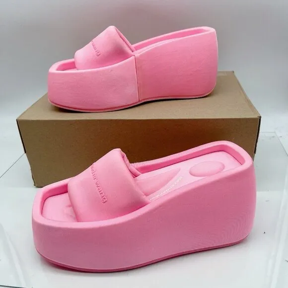Alexander Wang Taji Platform Slides Neon Bubblegum Pink Heeled Sandals EU 37 US7