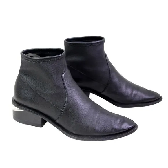 Alexander Wang BLACK REAL LEATHER LOW HEEL ROUND TOE PULL ON ANKLE BOOTS Sz 39
