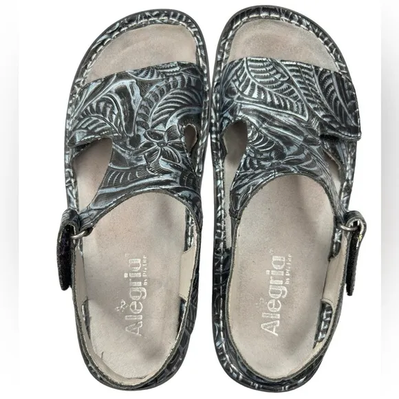 Algeria by PG Lite Sandals Adjustable Ankle Strap Embossed Leather Sz 37 VIK-152