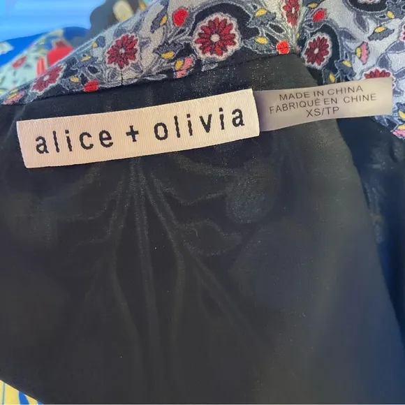 ALICE AND OLIVIA Palace Daffodil Paisley Floral Print Blue Red Tie Neck Dress