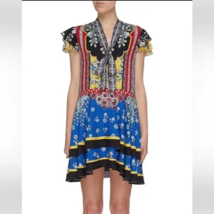 ALICE AND OLIVIA Palace Daffodil Paisley Floral Print Blue Red Tie Neck Dress