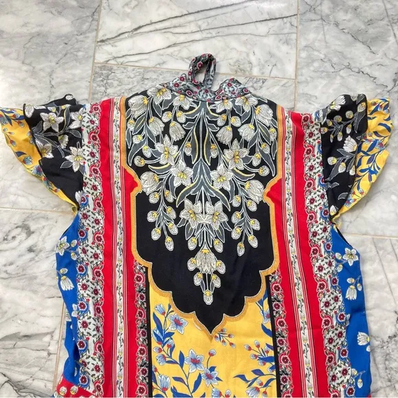 ALICE AND OLIVIA Palace Daffodil Paisley Floral Print Blue Red Tie Neck Dress
