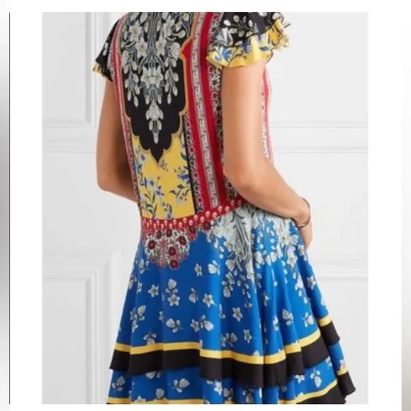 ALICE AND OLIVIA Palace Daffodil Paisley Floral Print Blue Red Tie Neck Dress
