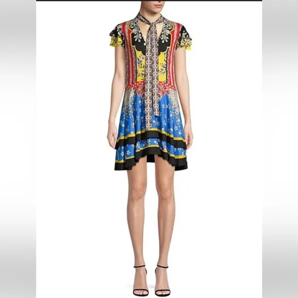 ALICE AND OLIVIA Palace Daffodil Paisley Floral Print Blue Red Tie Neck Dress