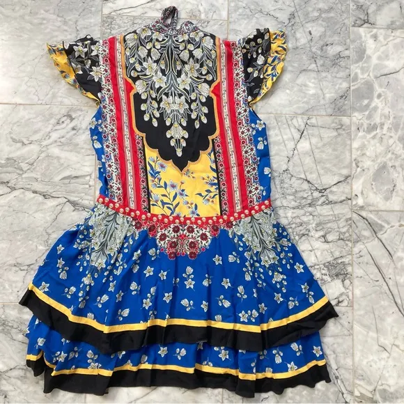 ALICE AND OLIVIA Palace Daffodil Paisley Floral Print Blue Red Tie Neck Dress