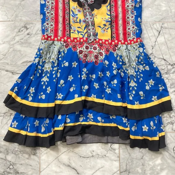 ALICE AND OLIVIA Palace Daffodil Paisley Floral Print Blue Red Tie Neck Dress